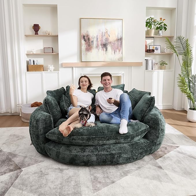 81 Round Sofa Bed Big Bean Bag Round Chaise Lounge Oversized Round Couch Boneless Reading Chair Plush Fluffy Chenille Large Chaise Chair for Living Room Bedroom Apartment Green