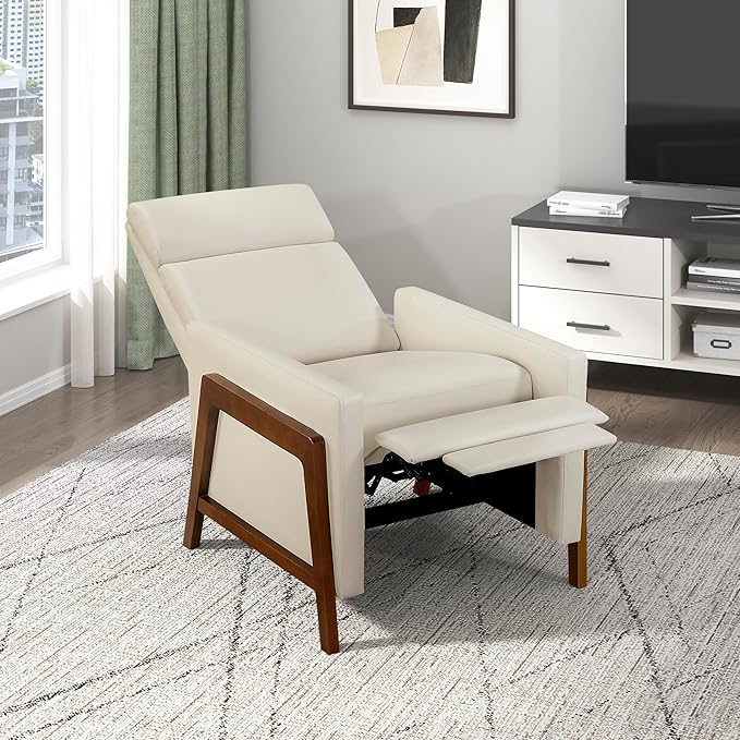 Lexicon Push Back Recliner Chair Faux Leather Upholstered Reclining Chair with Footrest Exposed Dark Brown Finish Wood Frame Small Recliner for Small Space Living Room Bedroom Light Beige
