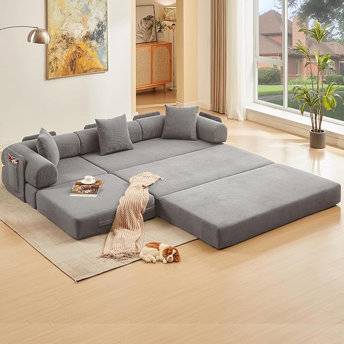 L Shaped Convertible Modular Sofa Bed with Cylindrical Pillow &amp Reversible Chaise Corduroy Folding Floor Sofa Couch Bed with Fixed-Shape Frame &amp Storage Pocket for Living Room Grey