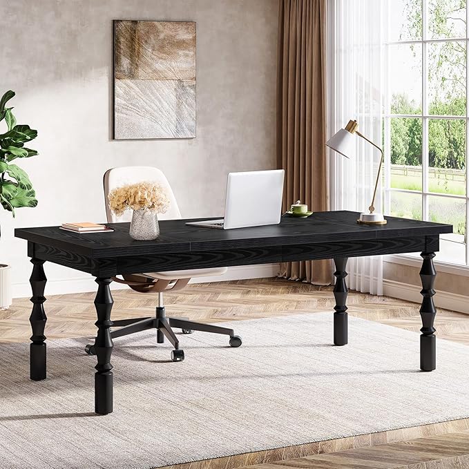 Tribesigns Large Executive Office Desk 62.2-Inch Farmhouse Modern Computer Desk Mid Century Study Writing Table Workstations Business Office Furniture with Carved Turned Legs (Black)