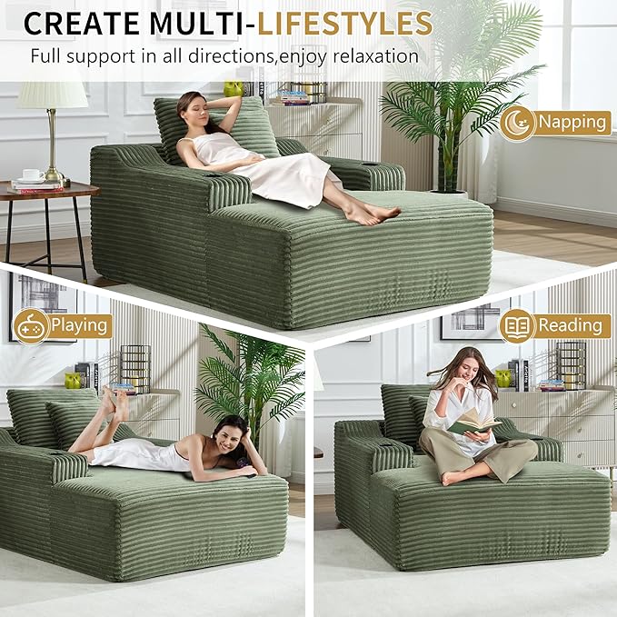 67 Chaise Lounge Chair Indoor Upholstered Corduroy Couch with 2 PillowsComfy Fluffy Cloud CouchSingle Sleeper Sofa Chair for Livingroom (Green 46.5W X 67D)