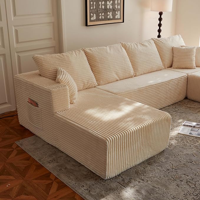 134 Beige Boneless Couch with Ottoman  Sectional Couches for Living Room L Shaped Couch 4 Seat Sofa with Pearl PipingCompression Sofa for Bedroom Comfy  No Assembly Corduroy (134’’ Beige)
