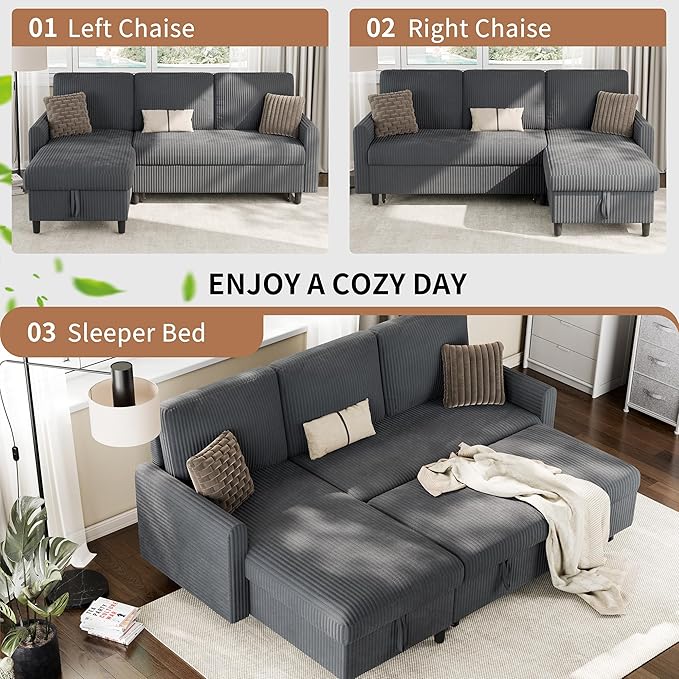 Walsunny Sectional Sofa Couch Bed L Shaped Sleeper Sofa Bed Pull Out Bed with Storage Reversible Sectional Couches for Living Room Apartment Office(Dark Gray)