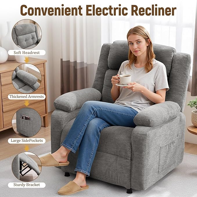 Power Recliner Chair Living Room Chairs for Adults Oversized Electric Recliner with Side Pockets Chenille Fabric Reclining Chair for Living Room Bedroom