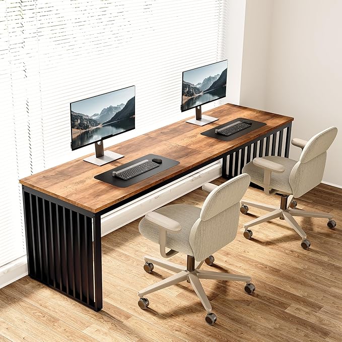 LITTLE TREE Two Person Desk 78.74 Extra Long Computer Desk for 2 People Rustic Brown Wooden Double Study Desk with Black Heavy Duty Metal Legs Large Business Workstation for Home Office
