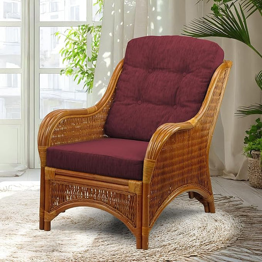 Wickerix Jam Lounge Living Accent Armchair Colonial Color Natural Rattan Wicker Handmade Design with Dark Brown Cushion
