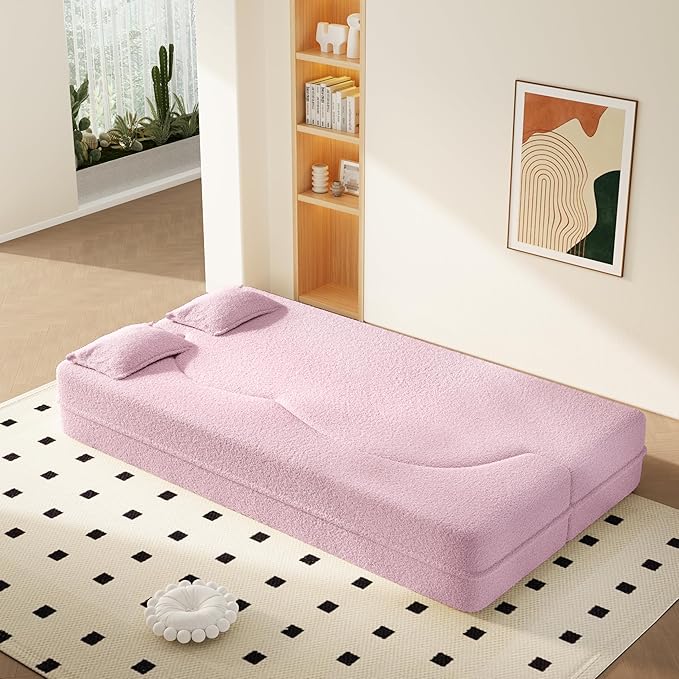 2 in 1 Convertible Compressed Sofa Bed 54'' Modern Boneless Loveseat Sleeper in a Box Floor Mattress Futon Couch No Assembly Needed Space Saving Light Pink 2 Pillows Full for Small Apartment