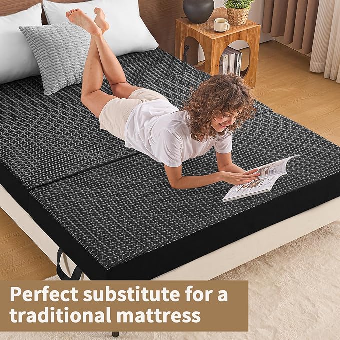 CYMULA Folding Mattress Queen Size Memory Foam 6 inch Tri Portable Trifold Mattress Futon Topper Queen with Breathable &amp Washable Cover Murphy Bed Guest BedBlack (58x75x6)