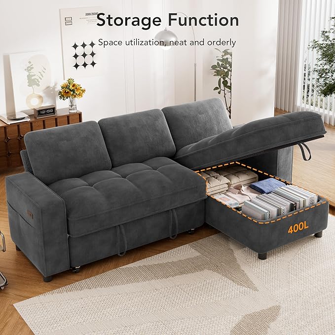 Sunny Heart Sleeper Sofa Bed 81 L Shaped Couch Sleeper Sofa Pull Out Couch Bed with Reclining Backrest | Reversible Storage Chaise | USB Port | Side Pocket | Tool-Free Assembly | Chenille Dark Grey