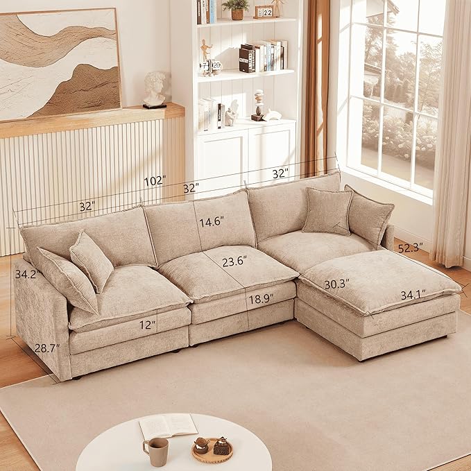 Homy Casa 102 Inch L Shaped Couch Set3-Seat Sectional Sofa with Chaise Comfortable Chenille Fabric Removable Cushions Ottoman DIY CombinationModern Design for Living/Family Room (Coffee)