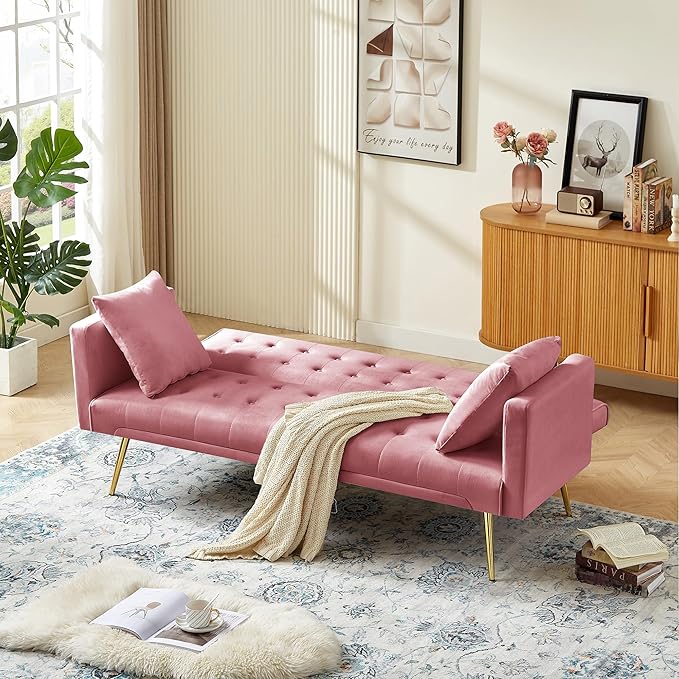 Anwick Modern Velvet Futon Sofa Bed: 72 Satin Convertible 2 Pillows Tufted Back Golden Metal Legs Folding Sleeper Loveseat for Small Space Home Office Living Room (Pink)