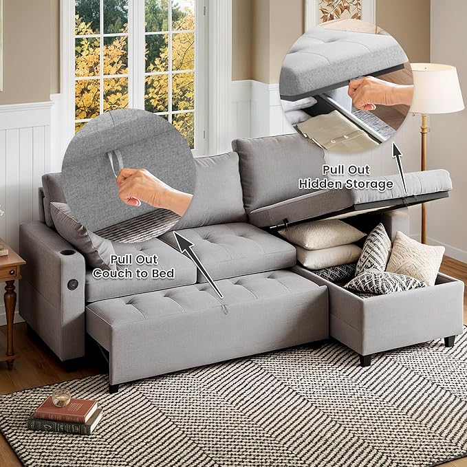 Sleeper Sofa Couch with Pullout Bed 83.5'' L Shaped Convertible Sofa Bed Couches for Living Room Small Apartment Pull Out Couch with USB Storage Chaise Cup Holder Linen Fabric Light Grey
