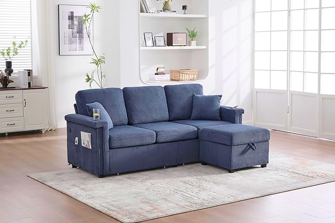 76.8 L-Shaped Sleeper Sofa with Storage Ottoman USB Ports Cup Holders&ampLED Lights Side Pockets Comfy Corduroy Modern 3-Seater Small Couch Bed for Living Room with 2 Throw Pillows (Blue)
