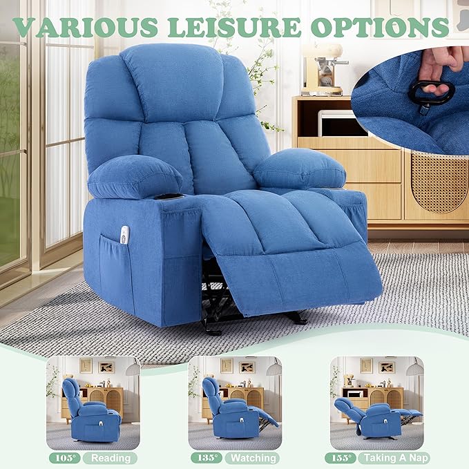 Manual Recliner Chair Rocker Recliner with Vibration Massage &amp Heat Ergonomic Reclining Fabric Living Room Chairs for Bedroom Nursery Single Sofa with 4 Pockets 2 Cup Holders Blue