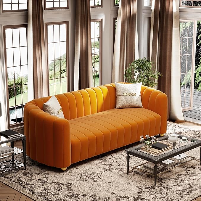 KEAI 83.46 Velvet Couch for Living Room Large Modern Sofa with Gold Metal Sphere Legs Office Upholstered Comfy 3 Seater Couches Cute Sherpa Bedroom Furniture (Orange)