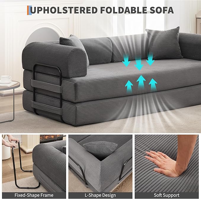 78'' Convertible Sleeper Sofa Bed4 in 1 Corduroy Boneless Couch with PillowsFolding Sectional Couch with Pull Out BedFloor Sofa Loveseat for Living RoomBedroomNo Assembly RequiredGray