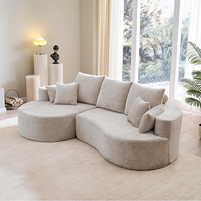 Merax 106 Fabric Cloud Curved Sofa 2 Piece Sectional Sofa with Chaise and 7 Pillows for Living Room Apartment Bedroom Full-Compressed No Assembly Required (Silver Lining)