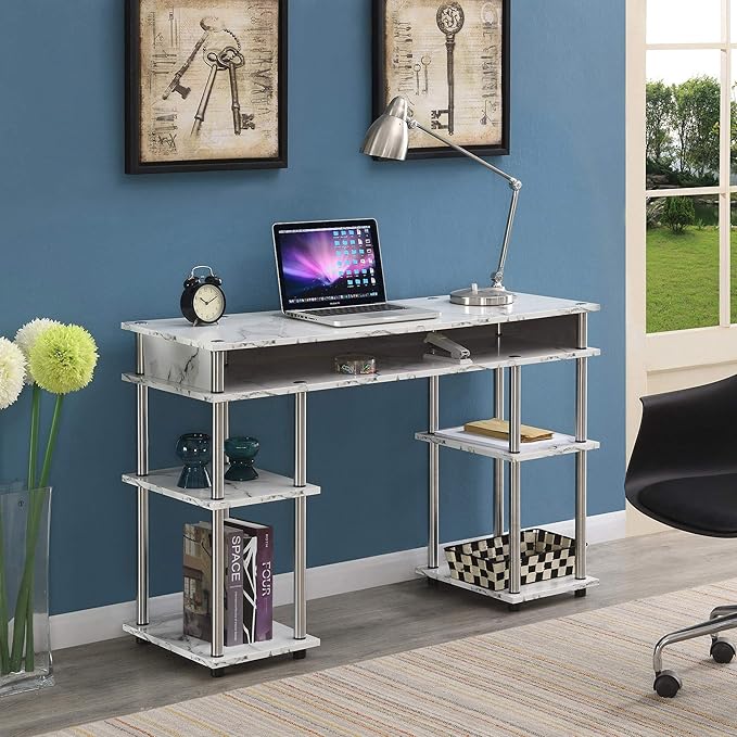 Convenience Concepts Designs2Go No Tools Desk Home Office Desk with Shelves Corner Shelf Vanity Desk Computer Desk Nail Table for Nail Tech - 47.25 L x 15.75 W x 30 H White Faux Marble
