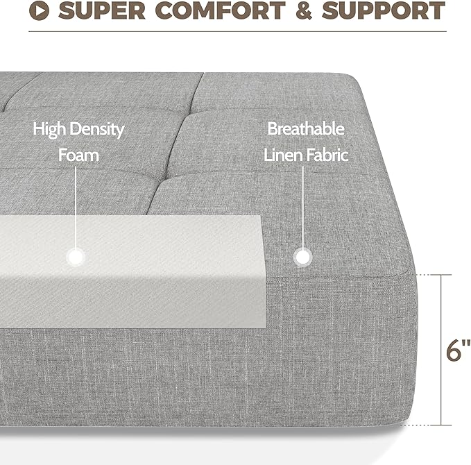 Convertible Folding Sofa Bed Couch - Light Grey Memory Foam Fold Out Couches Modern Linen Foldable Mattress Sleeper Chair for Living Room/Home Office/Apartment