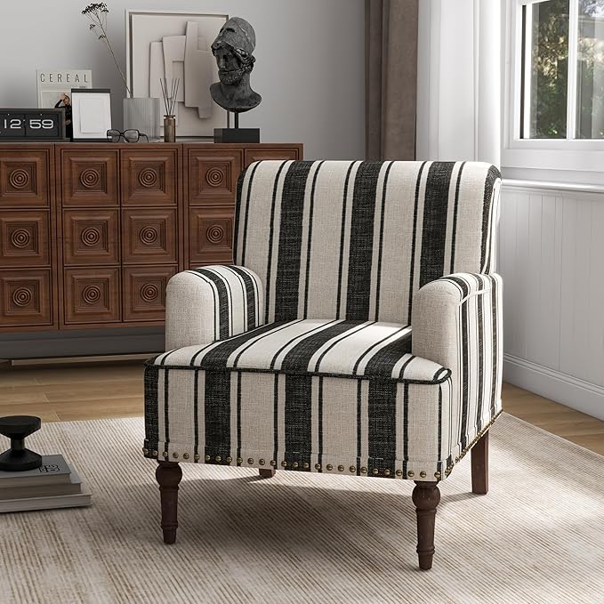 UIXE Stripe Accent Chairs Set of 2 Living Room Arm Chair Modern Nailhead Trim Club Armchair Comfy Upholstered Sofa Lounge Seat Reading Seat Bedroom Side Seating for Home Office Black