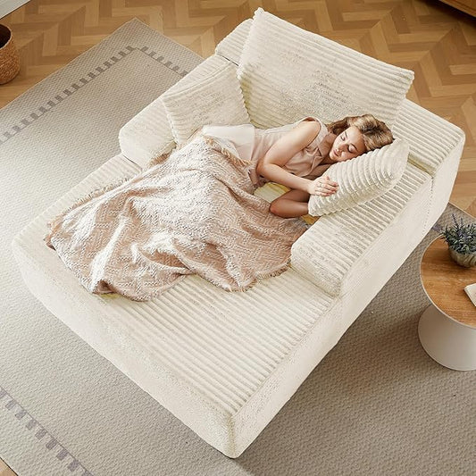 50 Oversized Chaise Lounge Chair IndoorCorduroy Boneless Reading Chair with 3 PillowsDeep Seat Cloud Sofa BedComfy Modern Sleeper Chairs in Box for Living Room BedroomNo Assembly(White)