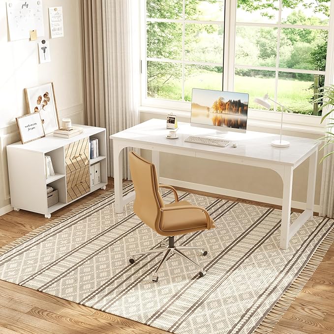 Little Tree 63-Inch L-Shaped Office Desk Wooden Office Desk with Drawers Large Home Office with Storage Shelf Corner Computer Desk for Home Office Bedroom White