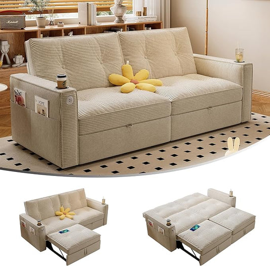 73.2 Pull Out Sofa Bed Corduroy Convertible Sleeper Couch Loveseat Chaise Lounge with Side Pockets &amp Cup Holder Pullout Futon Sofa Bed for Living Room Bedroom Small Spaces RV (White)