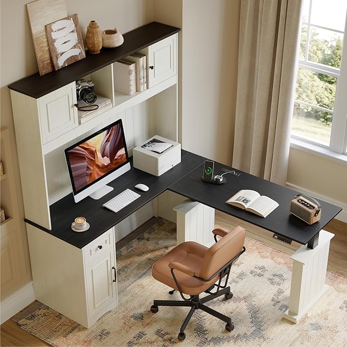 BANTI 60 Adjustable L Shaped Executive Desk with Hutch and Storage Cabinet Farmhouse Computer Desk with Charging Station Reversible Home Office Workstation Antique White