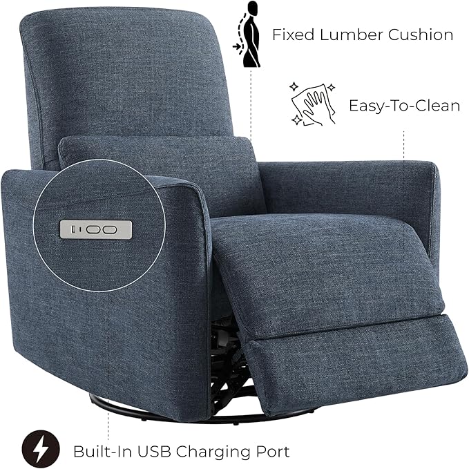 CHITA Power Recliner Chair Swivel Glider FSC Certified Upholstered Fabric Living Room Nursery Reclining Sofa Chair with Lumbar Support Ink Blue