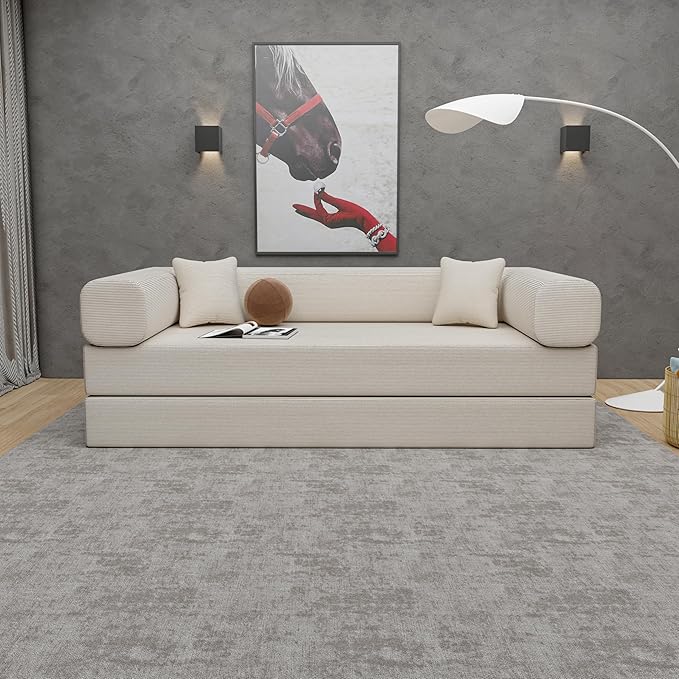 Convertible Sleeper Sofa Bed with Upgraded All High-density 35D Foam No Assembly Foldable Sleeper Couch Folding Floor Boneless Mattress Couch for Living Room Bedroom Apartment Lounge Office Beige