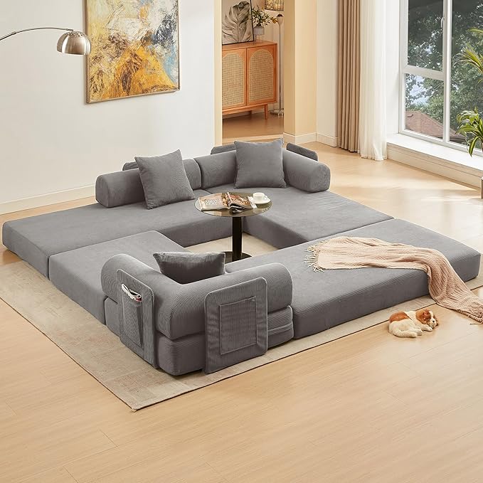L Shaped Convertible Modular Sofa Bed with Cylindrical Pillow &amp Reversible Chaise Corduroy Folding Floor Sofa Couch Bed with Fixed-Shape Frame &amp Storage Pocket for Living Room Grey
