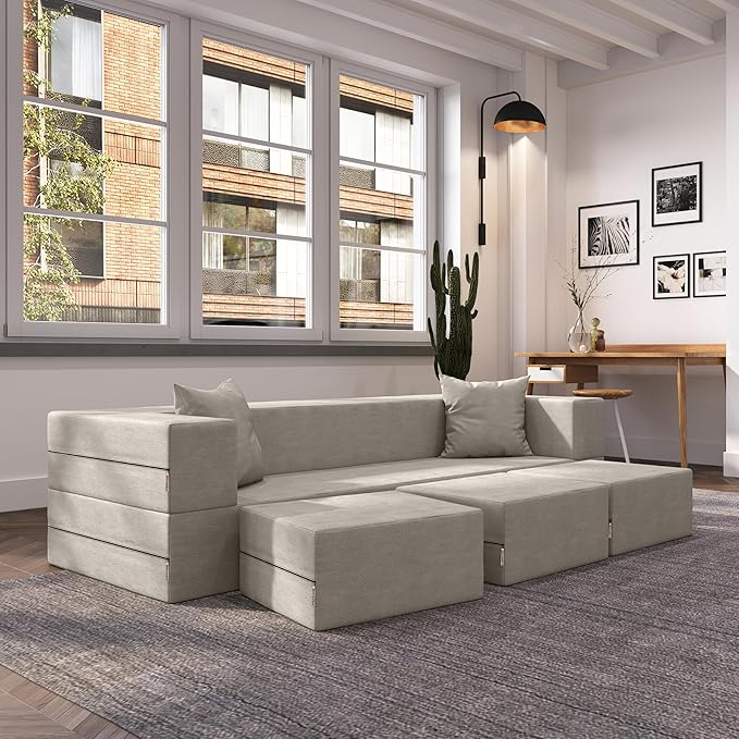 Jaxx Zipline Convertible Sleeper Sofa &amp Three Ottomans/California King-Size Bed Dove Grey