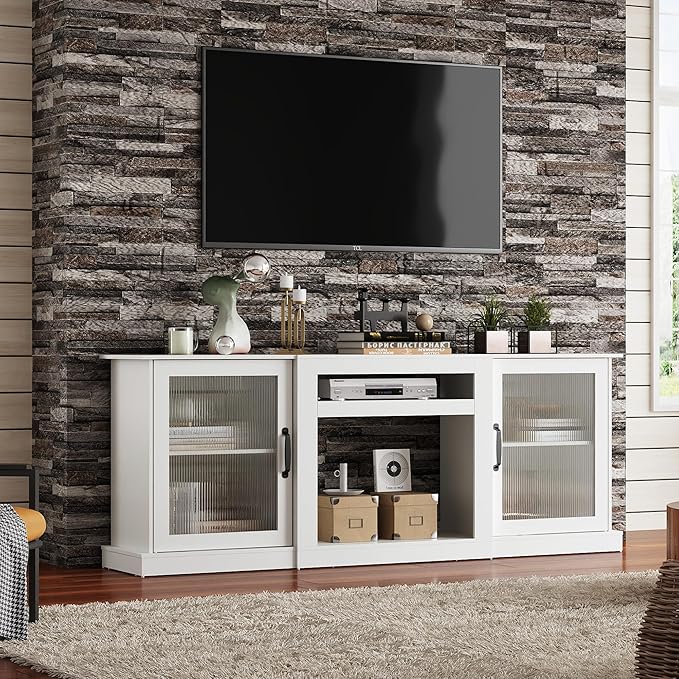 WLIVE Farmhouse TV Stand for 75 inch TV Entertainment Center with Storage Cabinets Mid Century Modern TV Console for Living Room Bedroom White