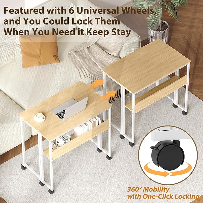 Folding Desk Small Rolling Desk with Storage Shelf24.8 Inch Foldable Computer Table with WheelsPortable Office Desk for Small Space Sofa TableEasy to FoldWriting Work Office Computer DeskOak