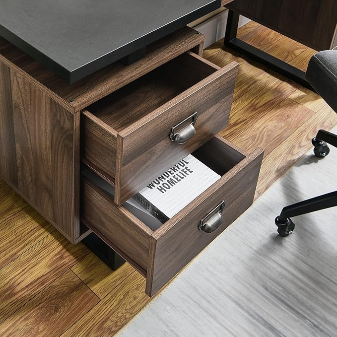 LEEMTORIG Computer Desk with Drawers 59 inch Large PC Gaming Desk Modern Industrial Study Student Writing Table Workstation for Home Office Bedroom Black &amp Walnut Brown CTSZ-20401-WACM
