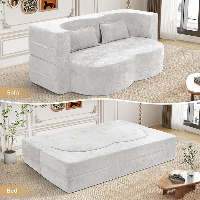 78 Convertible Sofa Bed with Pillows Queen Sleeper SofaFoam Folding Mattress Sleeper Modern Teddy Fabric Floor Cushion and Futon Chaise Lounge SofaFor ApartmentsGuest RoomsGuest UseCondoBeige