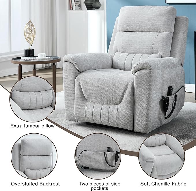 Power Lift Recliner Chair for Elderly People Dual Motor Lay Flat Recliner with Vibration Massage and Heat Heavy Duty Motion Mechanism Standing Assistance Reclining Chair Chenille Fabric Light Gray