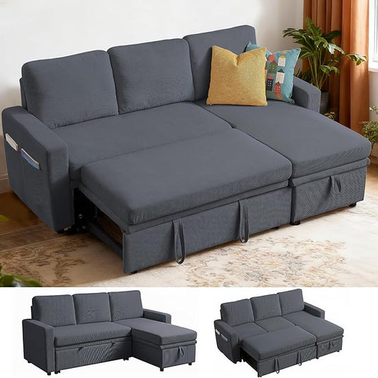 Convertible Sleeper Sofa Bed 79 Pull Out Bed L-Shape Sectional Couch with Reversible Storage Chaise Soft Cushions 3 in 1 Modern Pullout Bed for Living Room Dark Grey