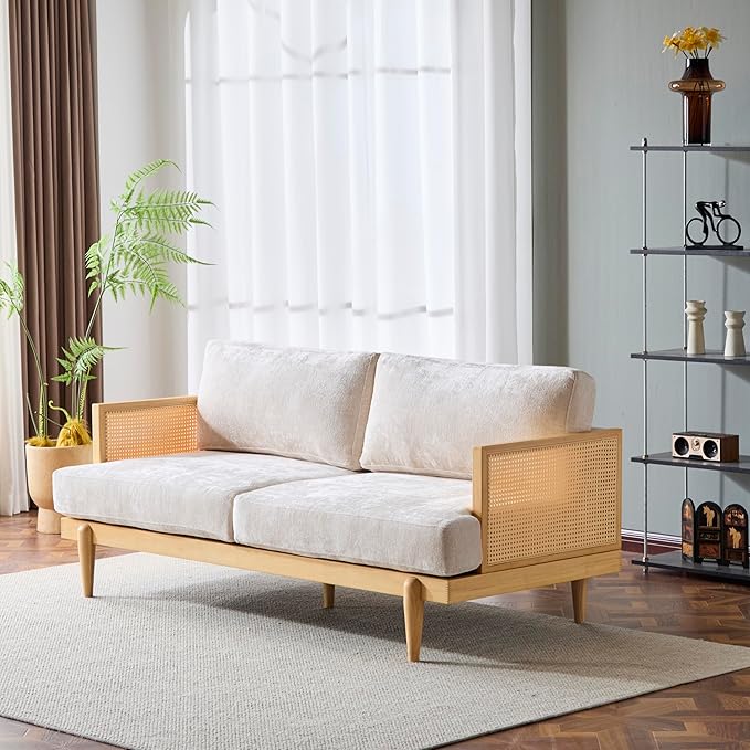72 Square Arm 3-Seater Sofa with Cane Rattan &amp Rubber Wooden Frame Tapered Legs High-Resilience Sponge Beige Cushions Vintage Modern Couch for Living Room Bedroom Apartment Office Natural