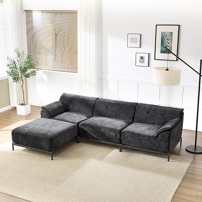 VKNOW 106 Couches for Living Room Modular Sectional Sofa with Wide Armrests and Solid Iron Frame Compressed Couch for Living RoomOfficeChenille FabricL-ShapedBlack