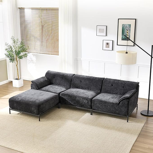 VKNOW 106 Couches for Living Room Modular Sectional Sofa with Wide Armrests and Solid Iron Frame Compressed Couch for Living RoomOfficeChenille FabricL-ShapedBlack