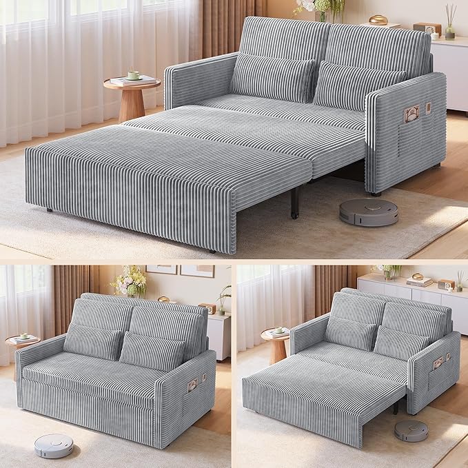 Ahomly 3 in 1 Pull Out Convertible Sofa Bed with 77.2'' Extended Sleeping Length Corduroy Loveseat Sleeper Sofa with Side Pockets Modern Loveseat for Living Room Grey