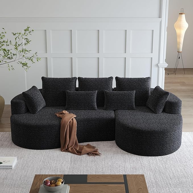 KEIKI 105 L Shaped Corner Couch Upholstered Curved Cloud with 7 Pillows Chenille Sectional Couch for Living Room Bedroom Black