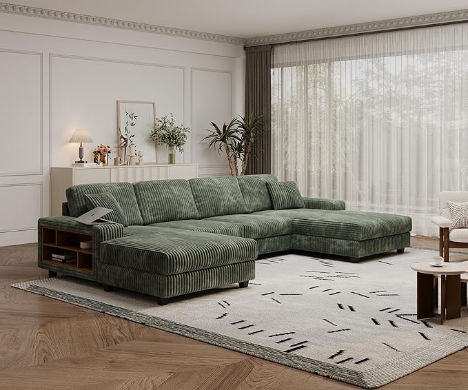 137” Oversized Corduroy Sectional Sleeper Sofa with Double Storage Chaise U Shaped 4 Seat Sectional CouchGreen