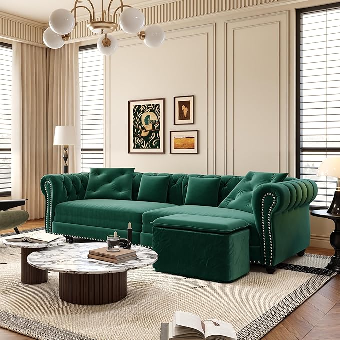 Queen Sleeper Sofa Bed with Movable Ottoman 3 in 1 Convertible Sectional with Pull Out Bed with Mattress Comfy Velvet Tufted Chesterfield Sofa Mid Century Modern Couches Living Room (Emerald Green)
