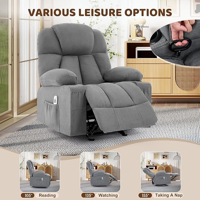 Massage Rocker Recliner Chair Ergonomic Rocking Recliner Sofa with Vibration Massage &amp Heat Reclining Fabric Nursery Chair for Living Room Lounge with 4 Pockets 2 Cup Holders Grey