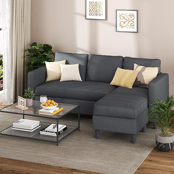 Shintenchi Convertible Sectional Sofa CouchL-Shaped Modular Sofas with Reversible Ottoman3-Seat Upholstered Corduroy Sofa CouchSmall Couches for ApartmentLiving Room and Office(Dark Grey)