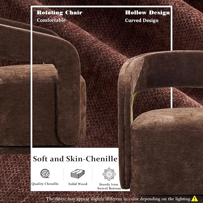 FOXHUNTER Swivel Accent Chair Set of 2 Modern Upholstered Barrel Chair Oversized Round Accent Armchair with Open Back Wooden Base for Living Room Chenil Brown