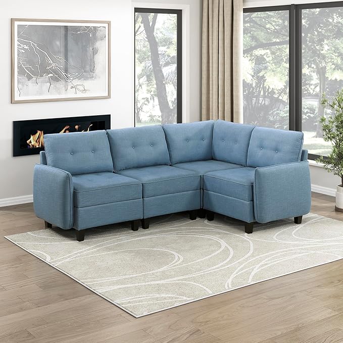 Lexicon L Shape Sectional Couch with Hidden Storage Textured Fabric Modular Sectional Sofa with Button-Tufted Design Reversible Back Cushion 4 Seater Sofa Blue