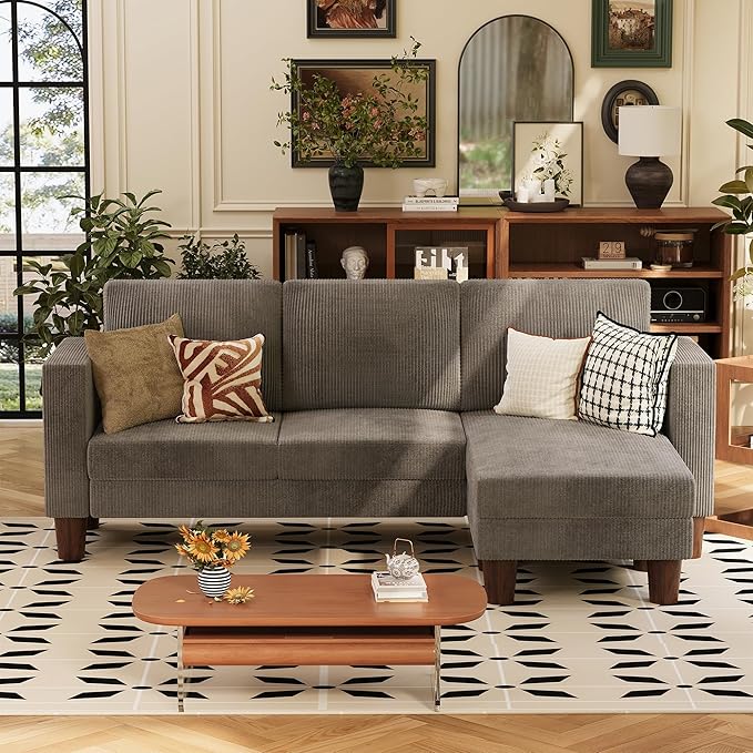 VICTONE Convertible Sectional Sofa Couch 3 Seat L-Shaped Sofa with Linen Fabric Ottoman Small Couch for Small Apartments Living Room and Office (Corduroy Gray)